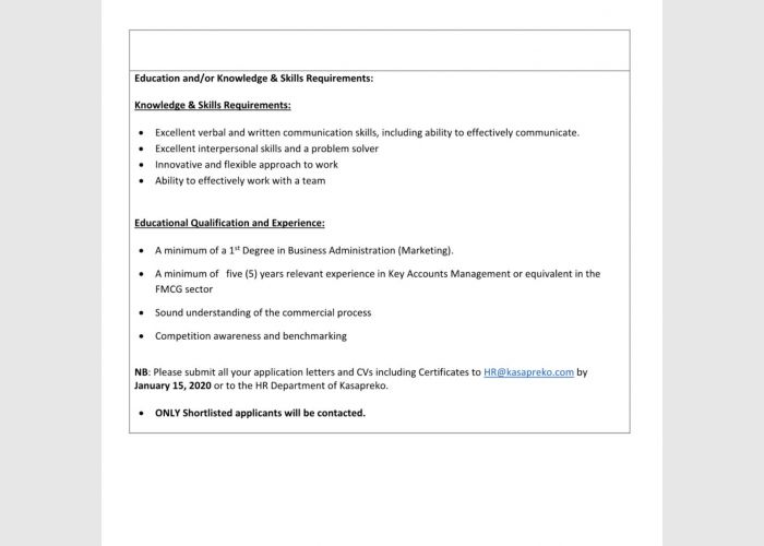 Vacancy for Key Accounts Executive at Kasapreko.