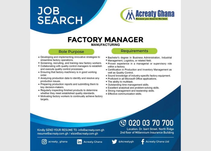 Vacancy for Factory Manager