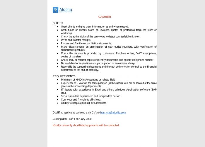Job Vacancy as Cashier